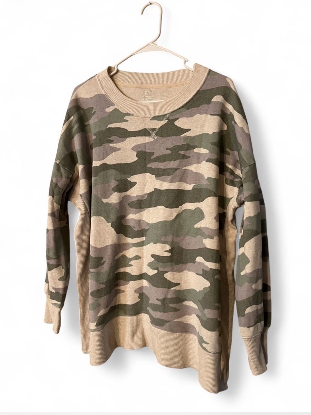 aerie Camo Crewneck Sweatshirt in Tan and Olive